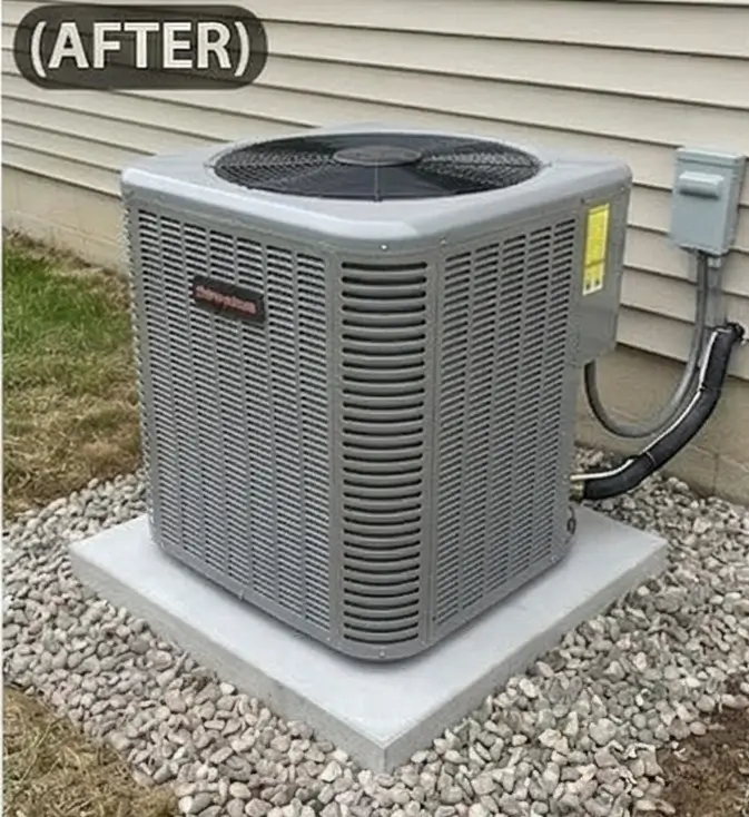 New AC condenser unit installed on clean pad