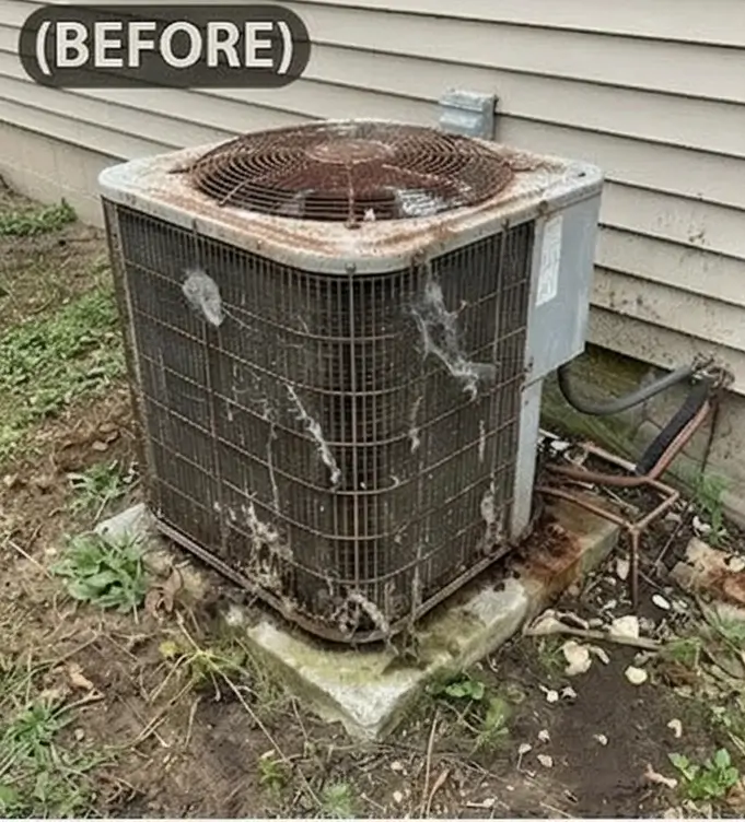 Old failing AC condenser unit before replacement