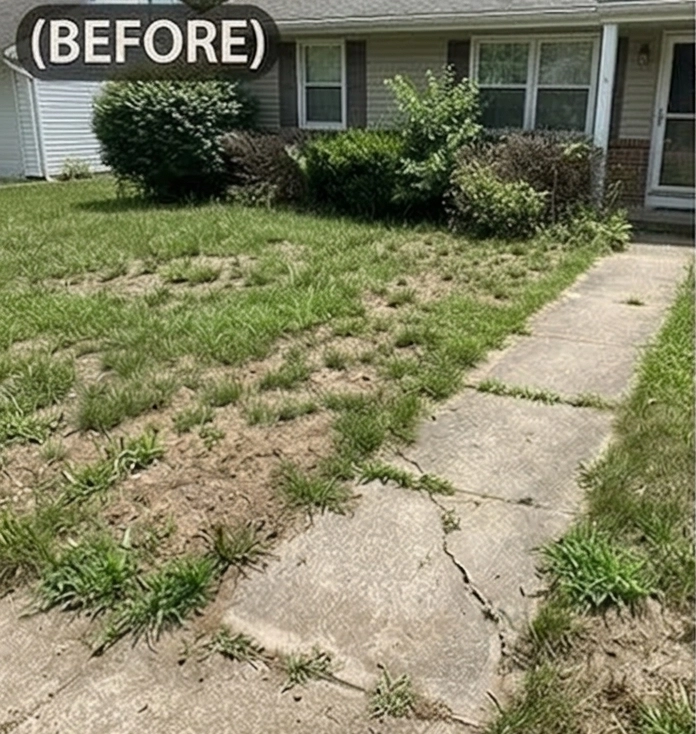 Overgrown neglected yard before landscaping renovation