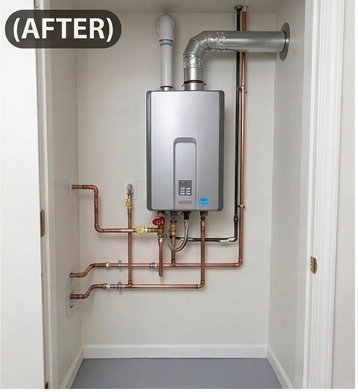 Clean new tankless water heater install after replacement