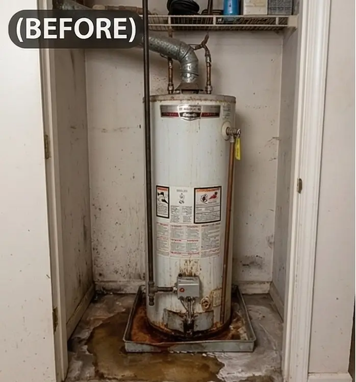 Rusty failing water heater before replacement