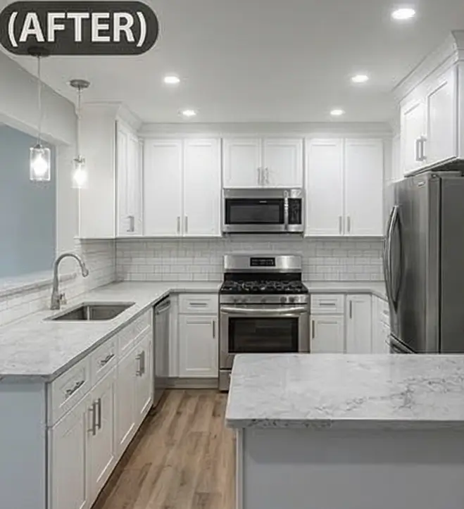 Finished kitchen remodel with new cabinets, countertops, and fixtures