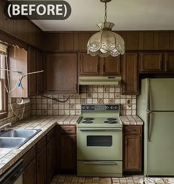 Dated kitchen before remodel — old cabinets and worn countertops