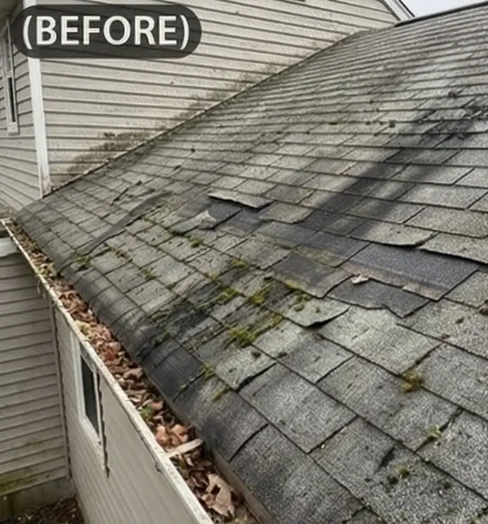 Damaged roof with curling, moss-covered shingles before replacement